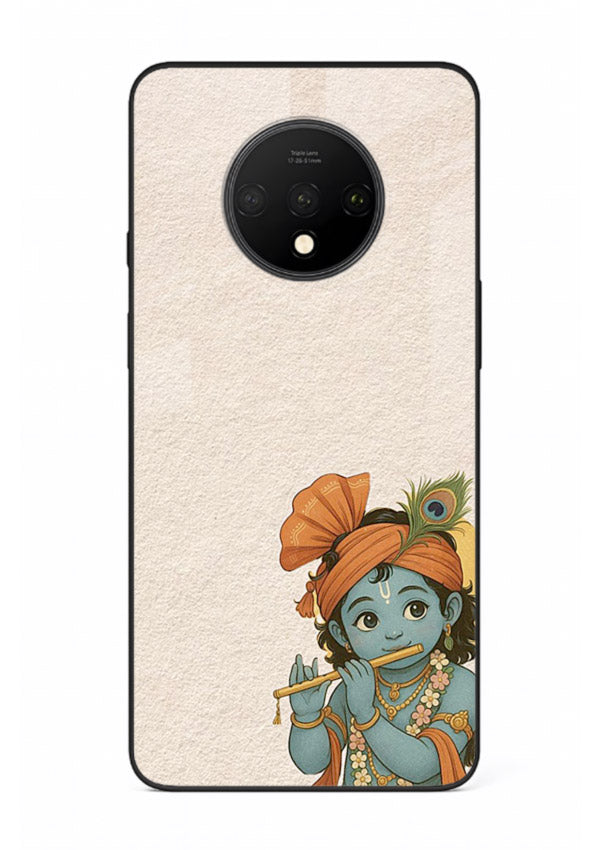 Krishna holding flute minimal beige OnePlus 7T glass back devotional cover