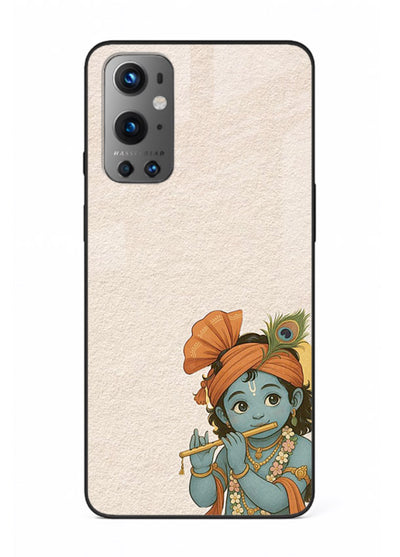 Krishna holding flute minimal beige OnePlus 9 glass back devotional cover