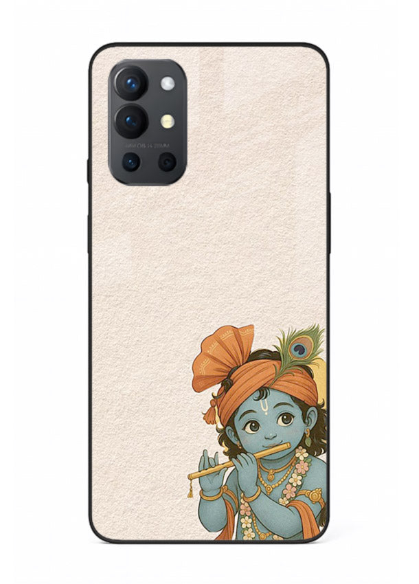 Krishna holding flute minimal beige OnePlus 9R glass back devotional cover