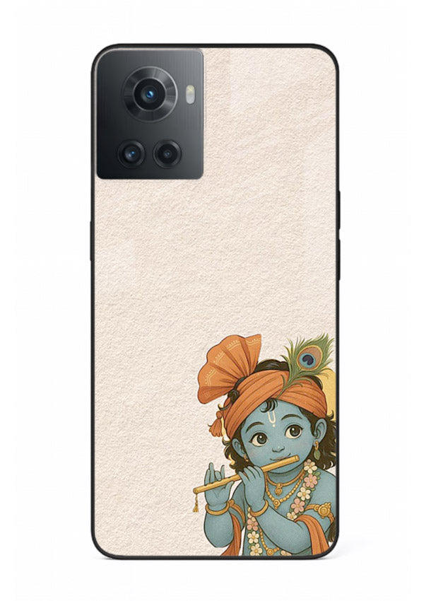 Krishna holding flute minimal beige OnePlus 10R glass back devotional cover