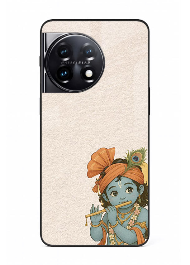 Krishna holding flute minimal beige OnePlus 11R glass back devotional cover