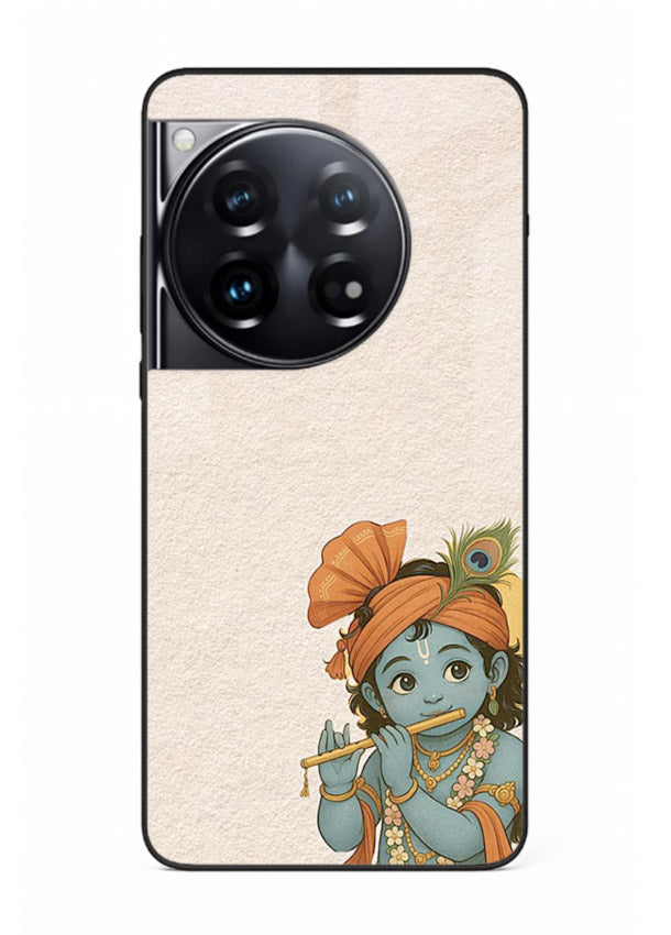 Krishna holding flute minimal beige OnePlus 12 glass back devotional cover