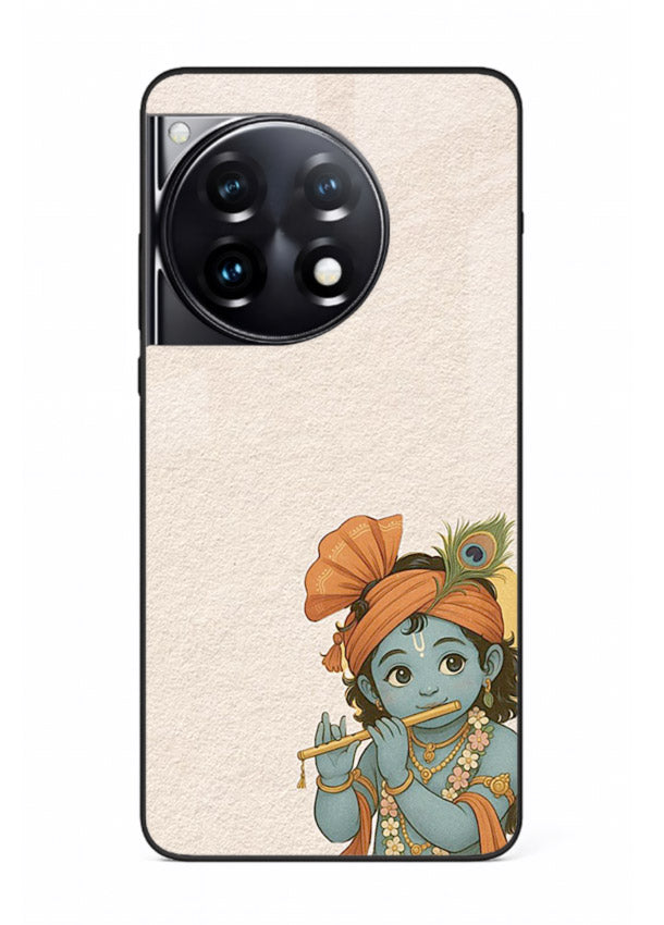 Krishna holding flute minimal beige OnePlus 12R glass back devotional cover