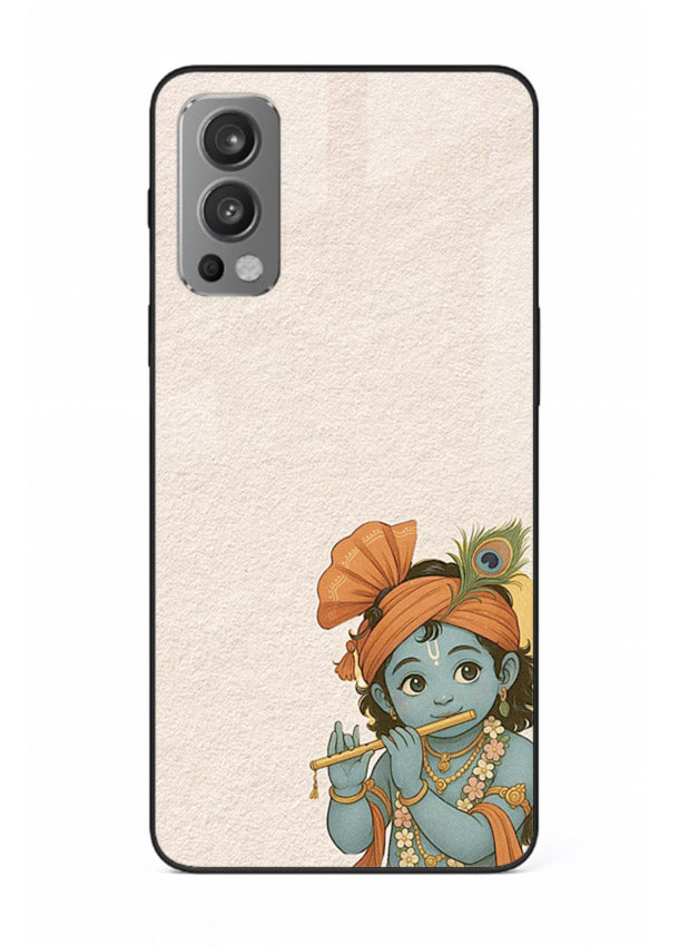 Krishna holding flute minimal beige OnePlus Nord 2 glass back devotional cover