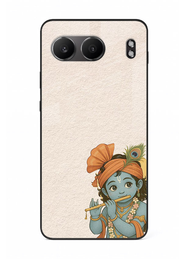 Krishna holding flute minimal beige OnePlus Nord 4 glass back devotional cover