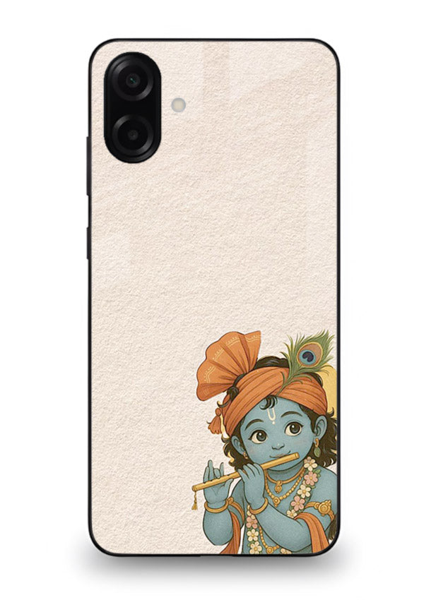 Krishna holding flute minimal beige Samsung A07 4G glass back devotional cover