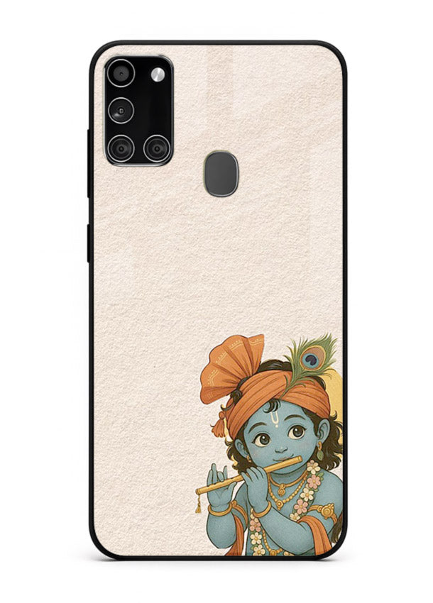 Krishna holding flute minimal beige Samsung A21s glass back devotional cover