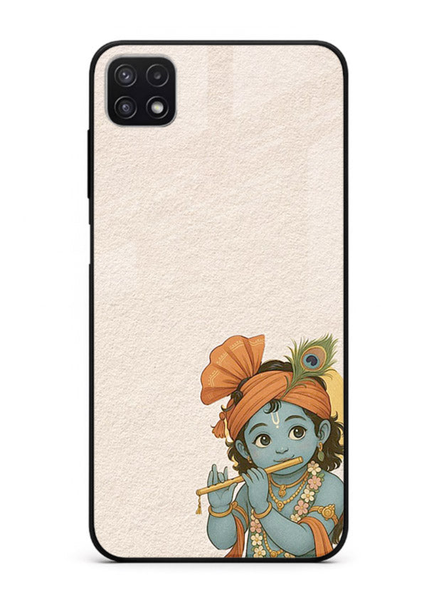 Krishna holding flute minimal beige Samsung F42 5G glass back devotional cover