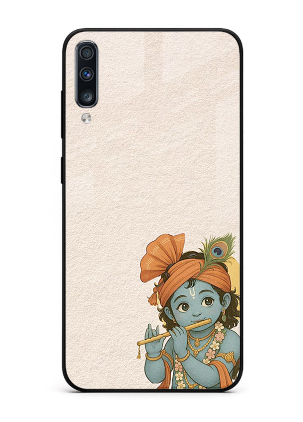 Krishna holding flute minimal beige Samsung A70 glass back devotional cover