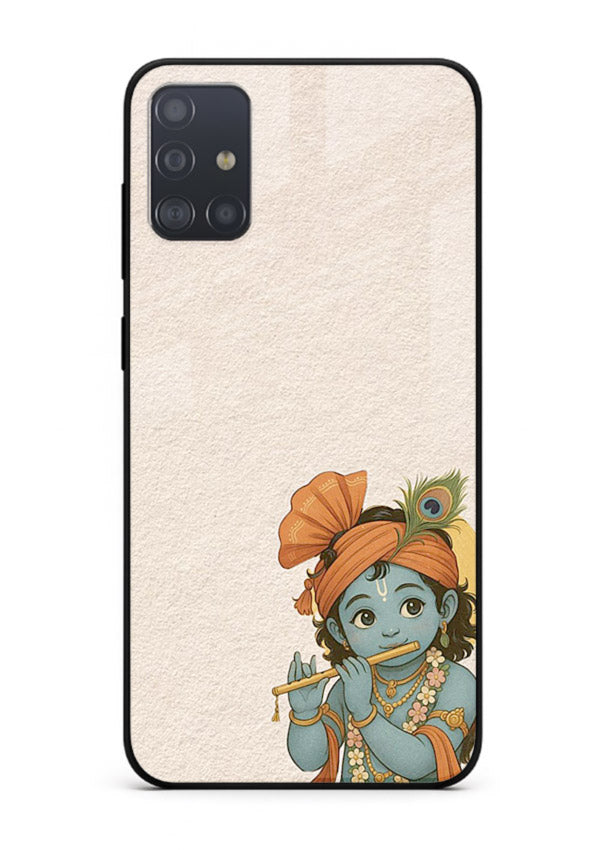 Krishna holding flute minimal beige Samsung A51 glass back devotional cover