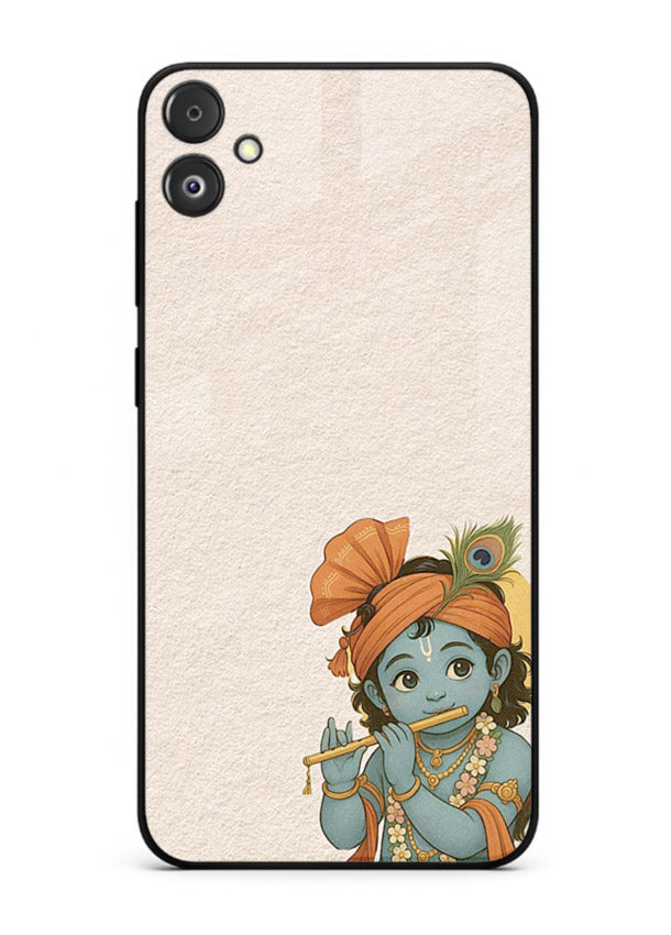 Krishna holding flute minimal beige Samsung F05 5G glass back devotional cover