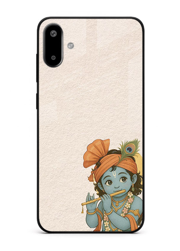 Krishna holding flute minimal beige Samsung F06 5G glass back devotional cover