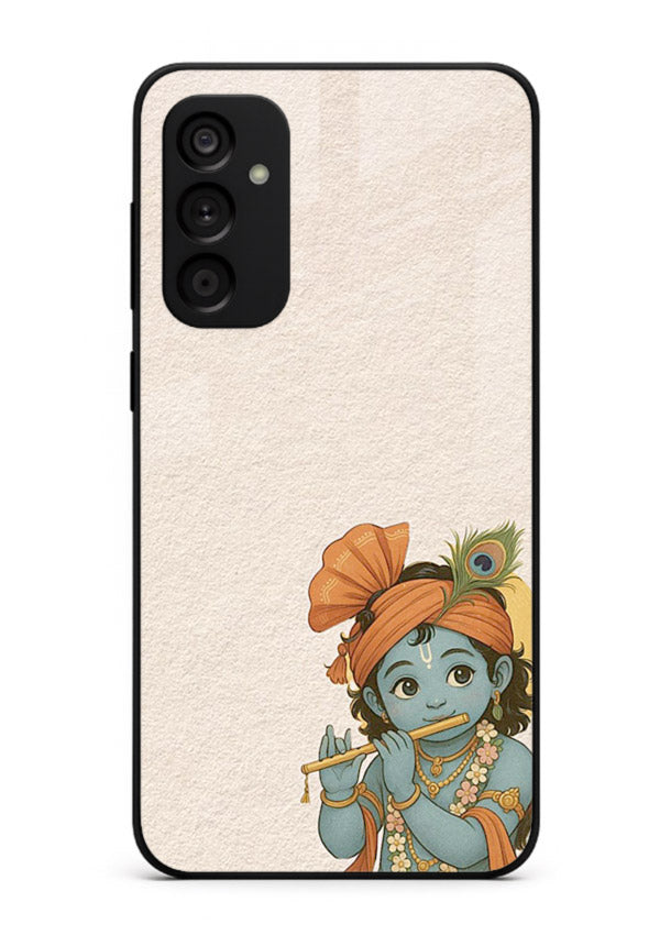 Krishna holding flute minimal beige Samsung F54 5G glass back devotional cover
