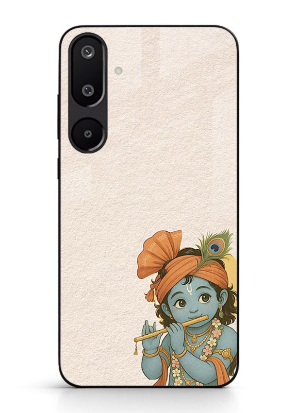 Krishna holding flute minimal beige Samsung F16 5G glass back devotional cover