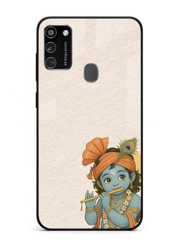 Krishna holding flute minimal beige Samsung M30s glass back devotional cover