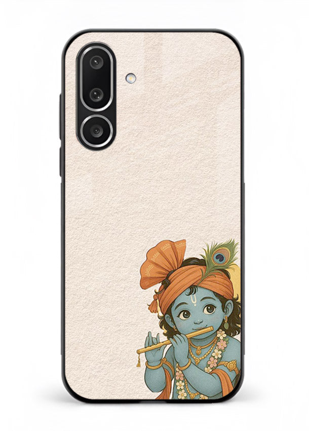 Krishna holding flute minimal beige Samsung M36 5G glass back devotional cover