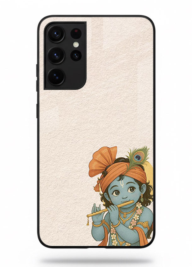 Krishna holding flute minimal beige Samsung S21 Ultra glass back devotional cover
