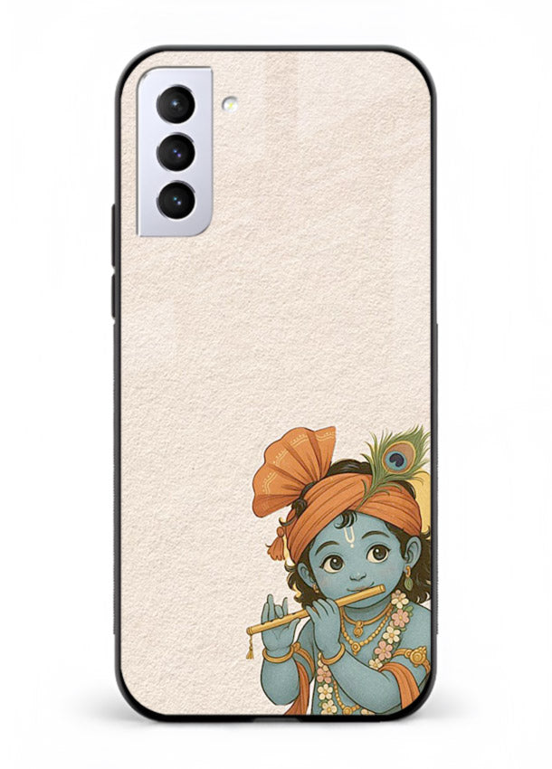 Krishna holding flute minimal beige Samsung S21 Plus glass back devotional cover
