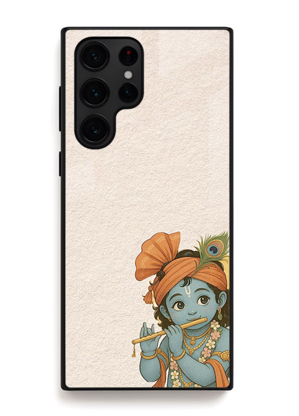 Krishna holding flute minimal beige Samsung S24 Ultra glass back devotional cover