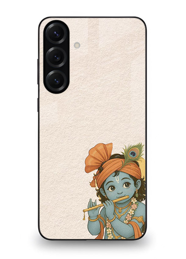 Krishna holding flute minimal beige Samsung M35 5G glass back devotional cover