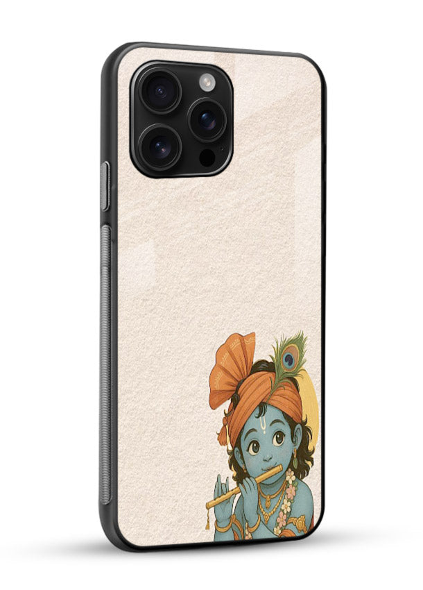Krishna holding flute minimal beige glossy vibrant premium glass back devotional cover - Angle Side