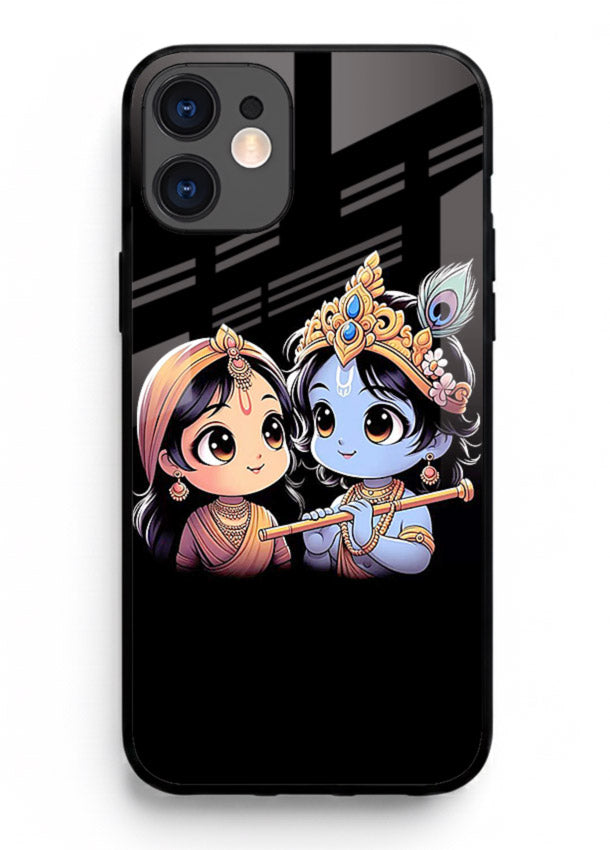 Cute Radha Krishna on dark theme iphone 12 mini glass back devotional couple case
