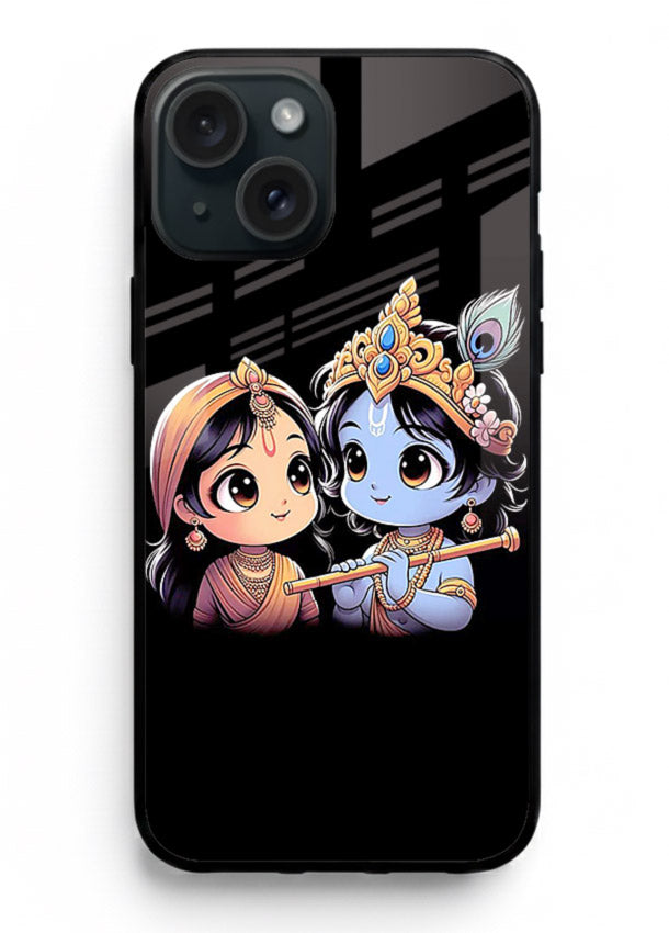 Cute Radha Krishna on dark theme iphone 13 mini glass back devotional couple case