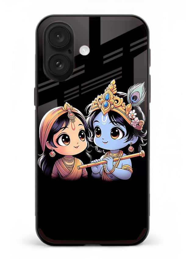 Cute Radha Krishna on dark theme iphone 18 glass back devotional couple case