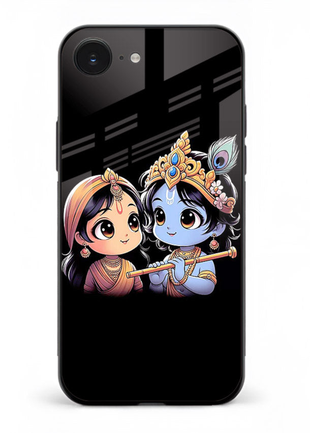 Cute Radha Krishna on dark theme iphone 16e glass back devotional couple case