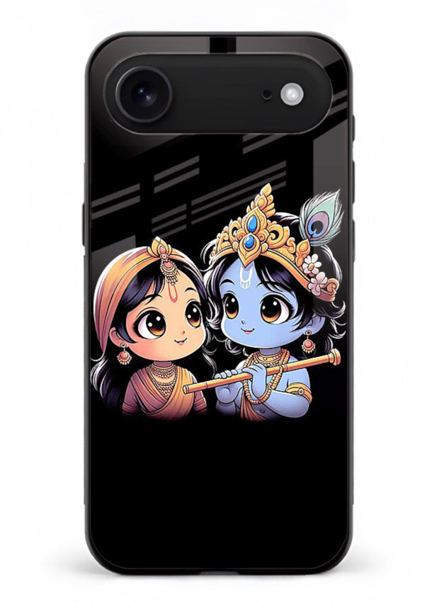 Cute Radha Krishna on dark theme iphone 17 air glass back devotional couple case