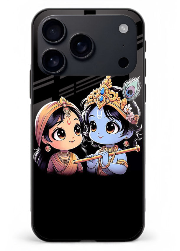 Cute Radha Krishna on dark theme iphone 18 pro max glass back devotional couple case