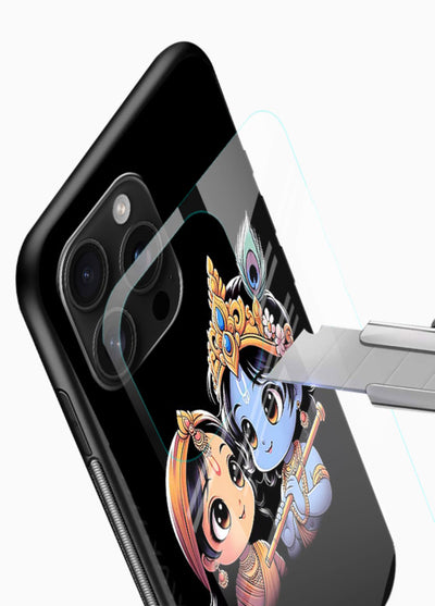 Cute Radha Krishna on dark theme glossy vibrant premium glass back devotional couple case - Angle Blade