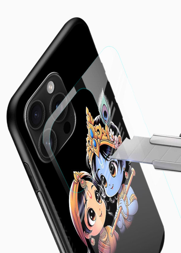 Cute Radha Krishna on dark theme glossy vibrant premium glass back devotional couple case - Angle Blade