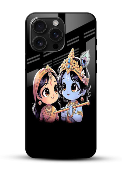 Cute Radha Krishna on dark theme glossy vibrant premium glass back devotional couple case - Angle Front