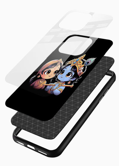 Cute Radha Krishna on dark theme glossy vibrant premium glass back devotional couple case - Angle Layers