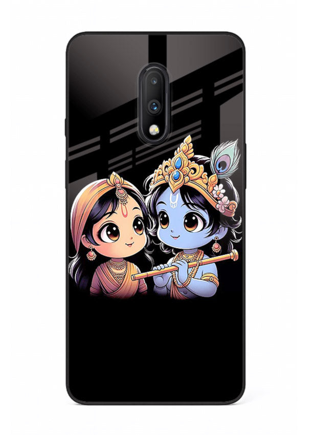 Cute Radha Krishna on dark theme OnePlus 7 glass back devotional couple case