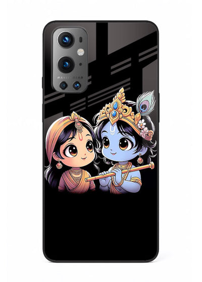 Cute Radha Krishna on dark theme OnePlus 9 glass back devotional couple case