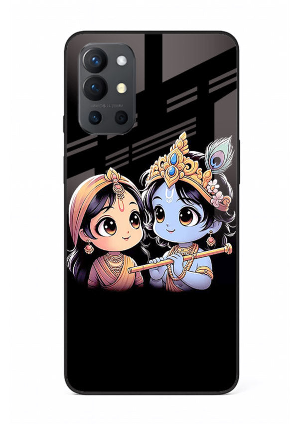 Cute Radha Krishna on dark theme OnePlus 9R glass back devotional couple case