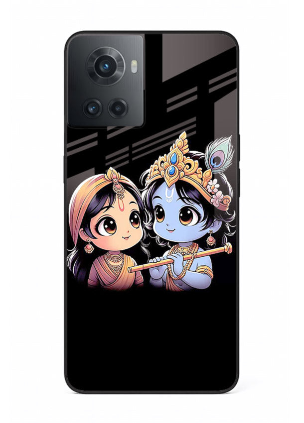 Cute Radha Krishna on dark theme OnePlus 10R glass back devotional couple case