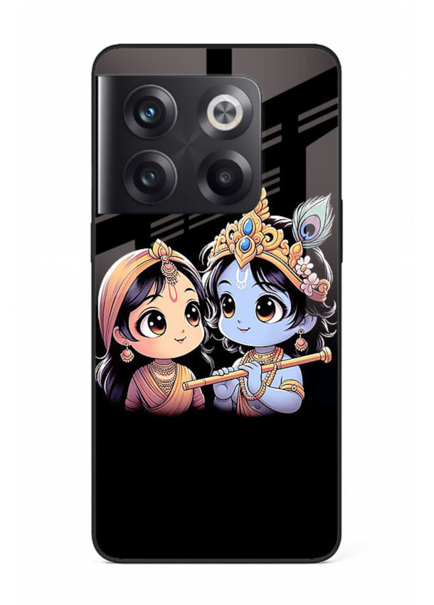 Cute Radha Krishna on dark theme OnePlus 10T glass back devotional couple case
