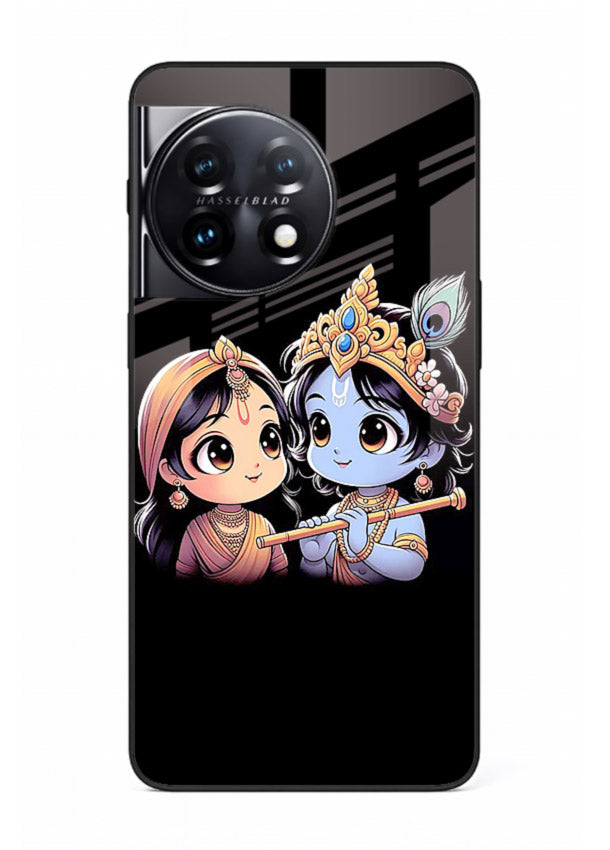 Cute Radha Krishna on dark theme OnePlus 11R glass back devotional couple case