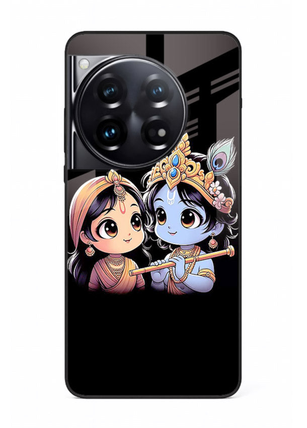 Cute Radha Krishna on dark theme OnePlus 12 glass back devotional couple case