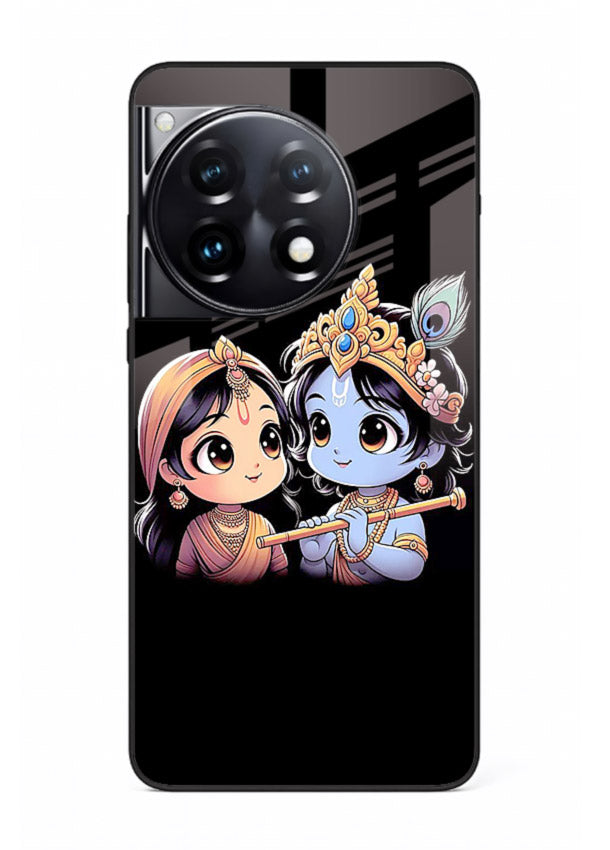 Cute Radha Krishna on dark theme OnePlus 12R glass back devotional couple case