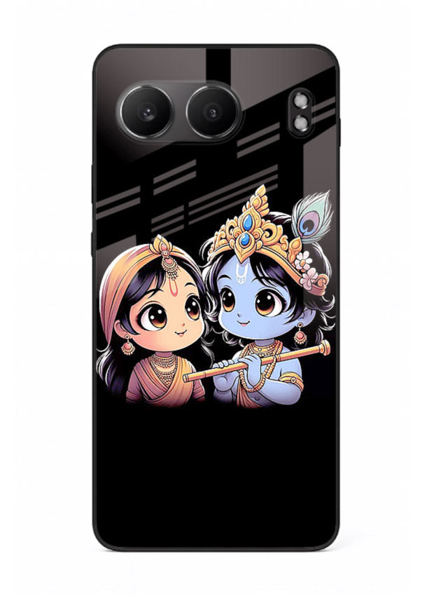 Cute Radha Krishna on dark theme OnePlus Nord 4 glass back devotional couple case