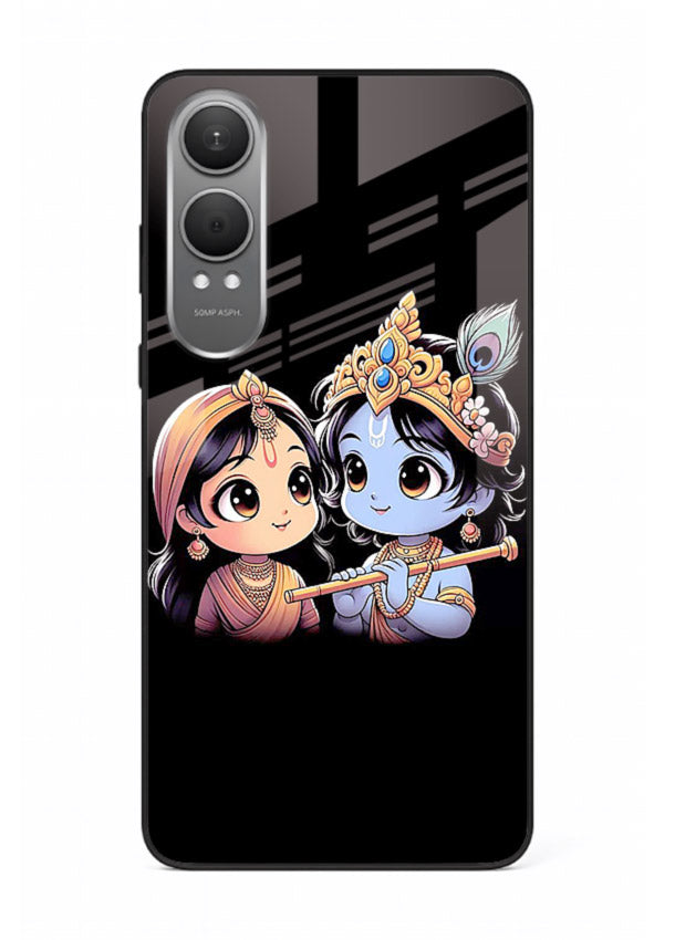 Cute Radha Krishna on dark theme OnePlus Nord CE4 Lite glass back devotional couple case