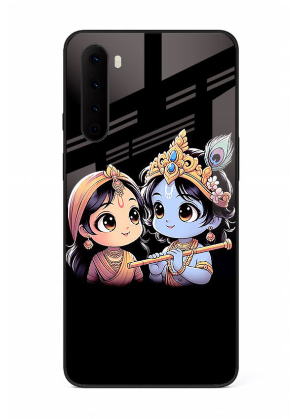 Cute Radha Krishna on dark theme OnePlus Nord glass back devotional couple case