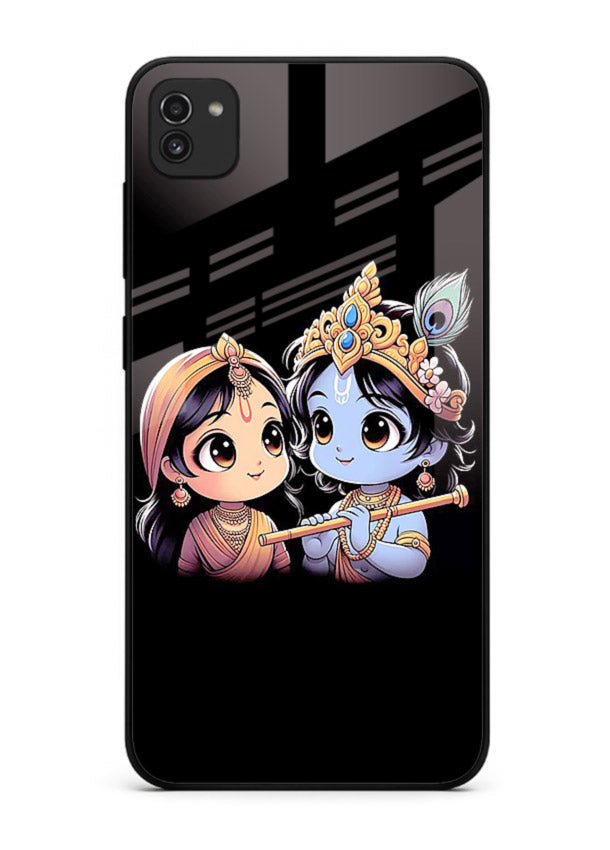 Cute Radha Krishna on dark theme Samsung A03 glass back devotional couple case