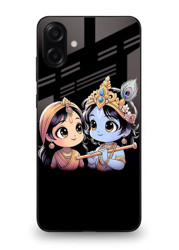 Cute Radha Krishna on dark theme Samsung M13 5G glass back devotional couple case