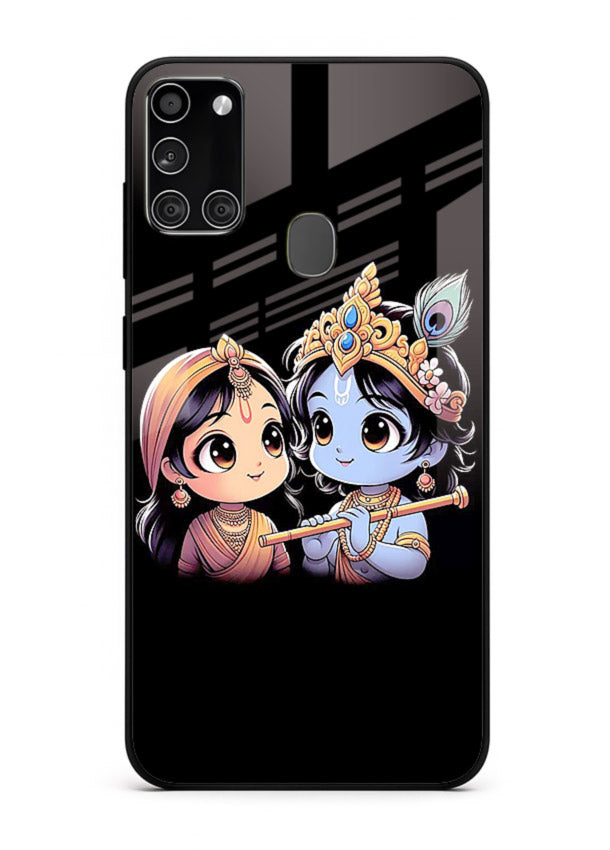 Cute Radha Krishna on dark theme Samsung A21s glass back devotional couple case