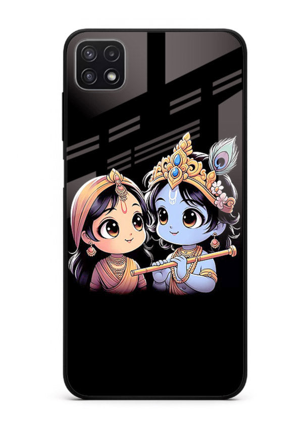 Cute Radha Krishna on dark theme Samsung F42 5G glass back devotional couple case